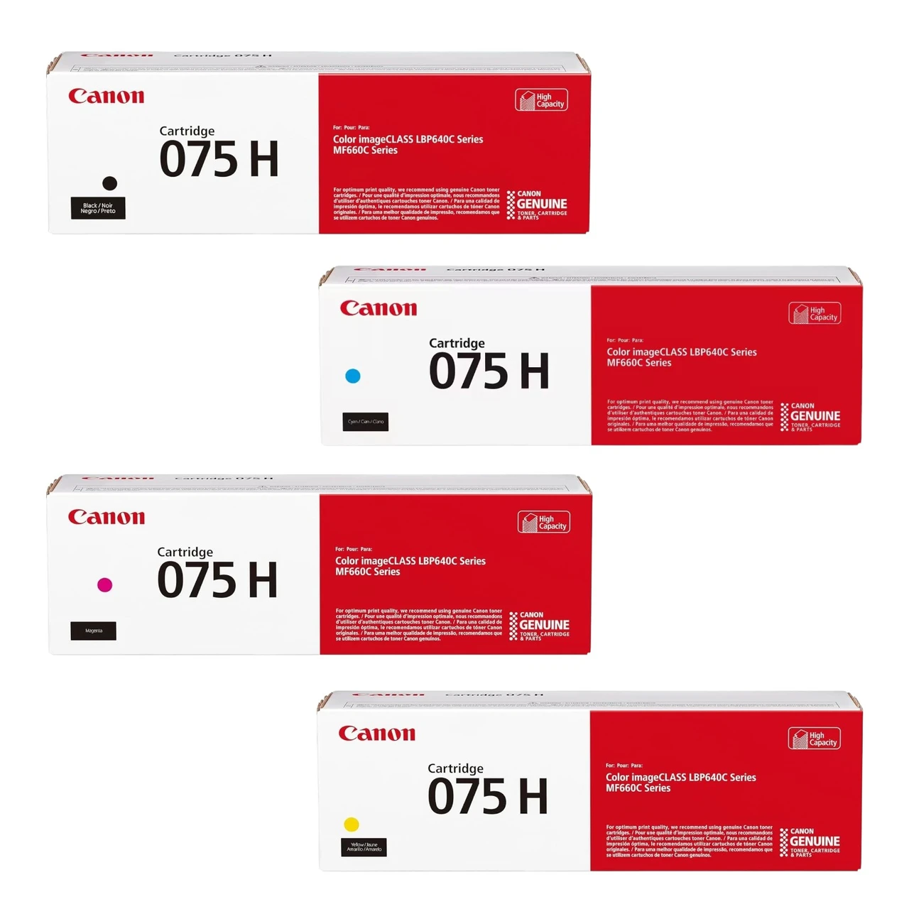 Canon 075 High Capacity Toner Cartridge 4-Pack, Black, Cyan, Magenta, Yellow For use with MF660 Series and LBP640 Series laser printers.