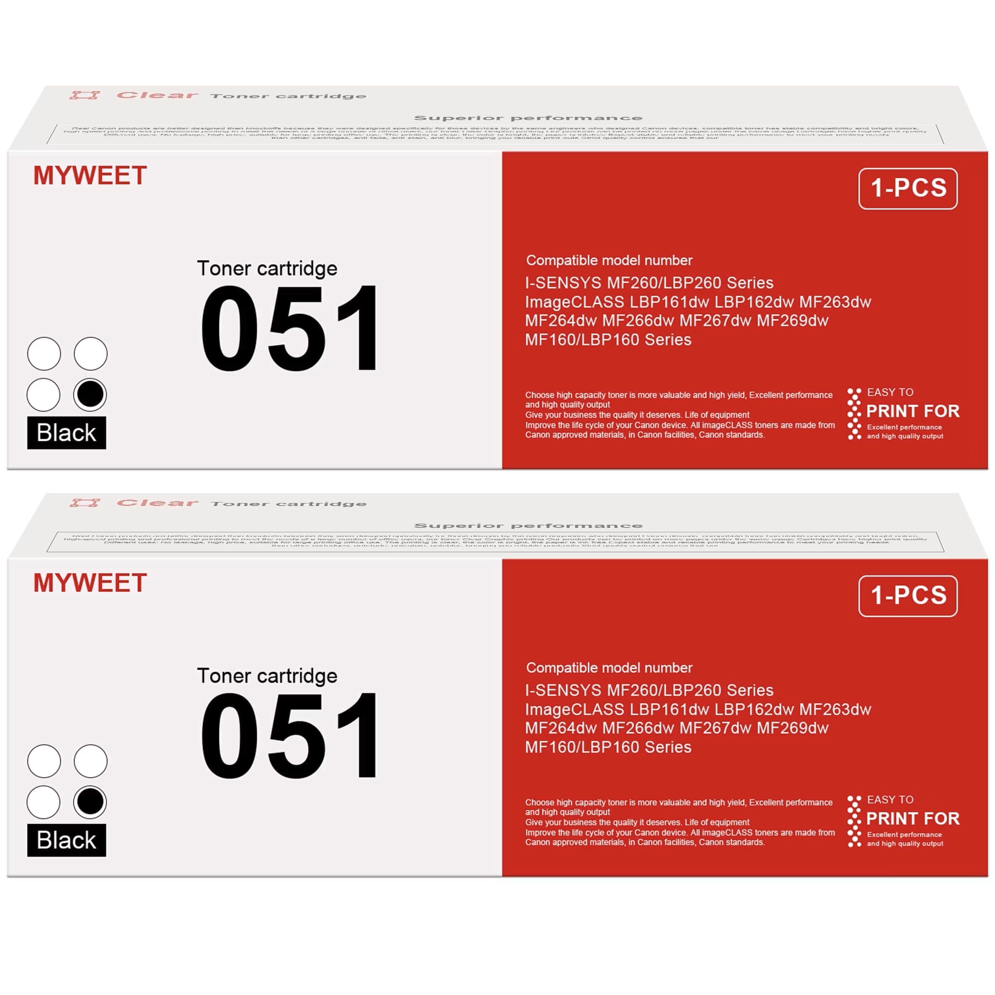 Canon 051 Black Toner Cartridge 2-Pack Compatible with LBP162, MF264, MF267, MF269 051 Black Toner Cartridge 2-Pack
