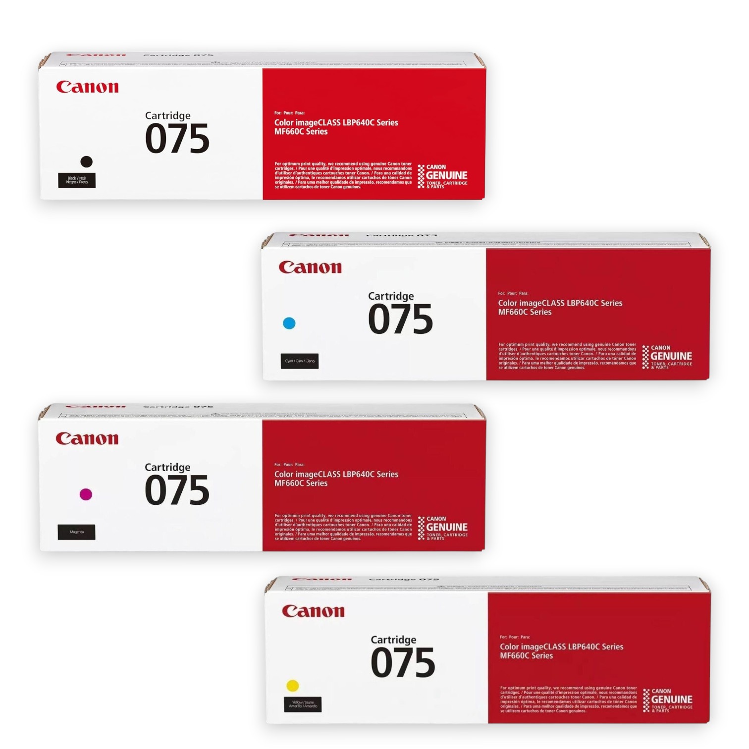 Canon 075 Toner Cartridge 4-Pack Bundle - Black, Cyan, Magenta, Yellow for imageCLASS LBP646, LBP647, MF662, MF663, MF665 4-PACK COLOR BUNDLE: Includes one (1) black, one (1) cyan, one (1) magenta, and one (1) yellow genuine Canon 075 toner cartridges
