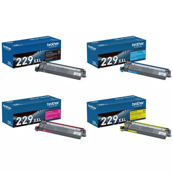 Includes Super High Yield TN229XXLBK, TN229XXLC, TN229XXLM, TN229XXLY (Black, Cyan, Magenta, Yellow)