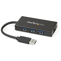 StarTech 3 Port Portable USB 3.0 Hub with Gigabit Ethernet Adapter NIC - Aluminum w/ Cable (ST3300GU3B)