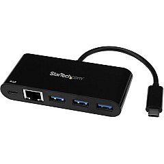 StarTech 3 Port USB-C Hub with Gigabit Ethernet & 60W Power Delivery Passthrough - USB-C to 3xUSB-A - 5Gbps USB 3.0 Type-C Adapter Hub (HB30C3AGEPD)