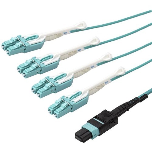 StarTech 5m 15 ft MPO / MTP to LC Breakout Cable - Plenum Rated Fiber Optic Cable - OM3 Multimode, 40Gb - Push/Pull-Tab - Aqua Fiber Patch Cable (MPO8LCPL5M)