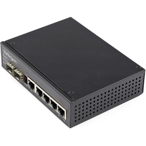StarTech Industrial 6 Port Gigabit Ethernet Switch 4 PoE RJ45 +2 SFP Slots 30W PoE+ 48VDC 10/100/1000 Mbps -40C to 75C w/DIN Connector (IES1G52UPDIN)