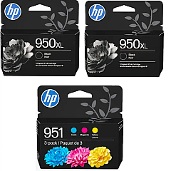 HP 950XL Black High Yield 2-Pack / 951 Cyan, Magenta, Yellow Ink Cartridge Bundle DA1T9FN