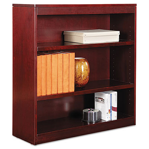 Alera Square Corner Wood Veneer Bookcase, Three-Shelf, 35.63w x 11.81d x 35.91h, Mahogany (ALEBCS33636MY)