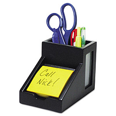 Victor Midnight Black Collection Pencil Cup with Note Holder, 2 Compartments, MDF/Frosted Glass/Faux Leather, 4 x 6.3  x 4.5, Wood (95055)