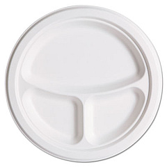 Eco-Products Renewable and Compostable Sugarcane Plates Club Pack, 3-Compartment, 10" dia, Natural White, 50/Pack, 10 Packs/Carton (EPP007)