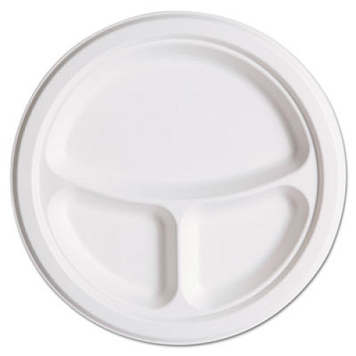 Eco-Products Renewable and Compostable Sugarcane Plates Club Pack, 3-Compartment, 10" dia, Natural White, 50/Pack, 10 Packs/Carton (EPP007)