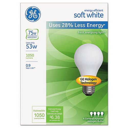 Energy-Efficient A19 Halogen Bulb, Soft White 53 W, 4/Pack (66248)
