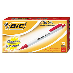 BIC Clic Stic Ballpoint Pen, Retractable, Medium 1 mm, Red Ink, White Barrel, Dozen (CSM11RD)