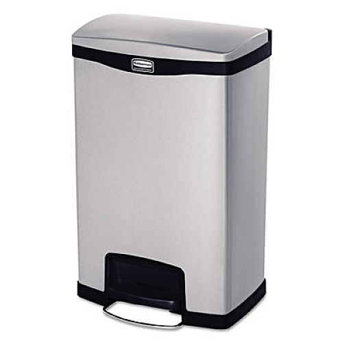 Rubbermaid Commercial Slim Jim Stainless Steel Step-On Container with Dual Liner, Front Step, 13 gal, Black (1901994)