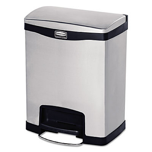 Rubbermaid Commercial Slim Jim Stainless Steel Step-On Container with Dual Liner, Front Step Style, 8 gal, Stainless Steel, Black (1901987)