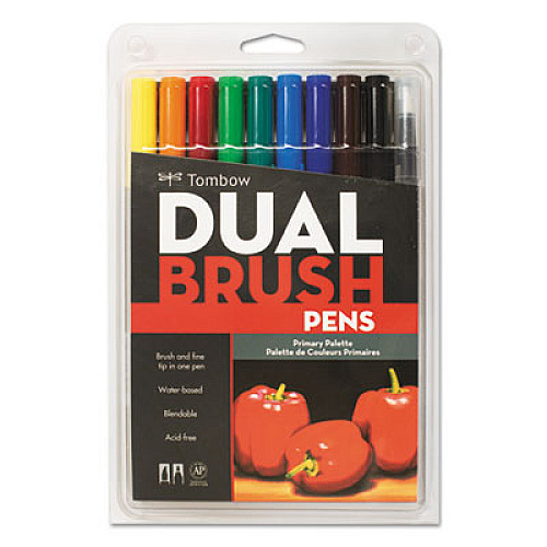 Tombow Dual Brush Pen 10-Color Set, Fine/Broad Brush/Conical Tips, Assorted Primary Colors, 10/Pack (56167)