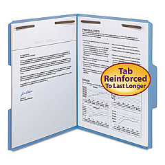 Smead WaterShed CutLess Reinforced Top Tab Fastener Folders, 2 Fasteners, Letter Size, Blue Exterior, 50/Box (12042)
