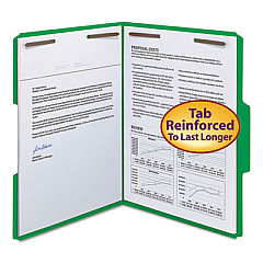 Smead WaterShed CutLess Reinforced Top Tab Fastener Folders, 2 Fasteners, Letter Size, Green Exterior, 50/Box (12142)