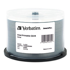 Verbatim CD-R DataLifePlus Printable Recordable Disc, 700 MB/80 min, 52x, Spindle, Silver, 50/Pack (94892)