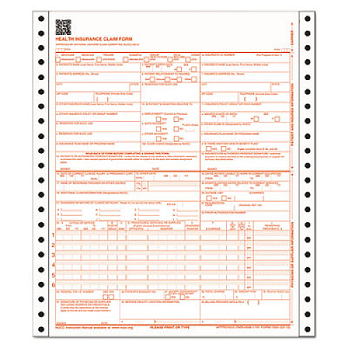 Adams CMS Health Insurance Claim Form, Three-Part Carbonless, 9.5 x 11, 1/Page, Continuous, 100  Forms (CMS1500CV)