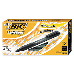 BIC Soft Feel Ballpoint Pen, Retractable, Fine 0.8 mm, Black Ink, Black Barrel, Dozen (SCSF11BK)