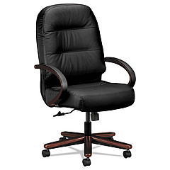 HON Pillow-Soft 2190 Series Executive High-Back Chair, Supports 300 lb, 16.75" to 21.25" Seat, Black Seat/Back, Mahogany Base (2191NSR11)