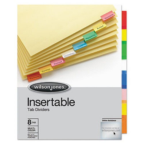 Wilson Jones Insertable Tab Dividers, 3-Hole Punched, 8-Tab, 11 x 8.5, Buff, 1 Set (54311)