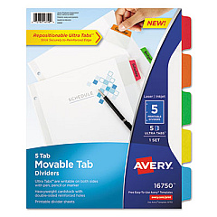 Avery Movable Tab Dividers with Color Tabs, 5-Tab, 11 x 8.5, White, 1 Set (16750)