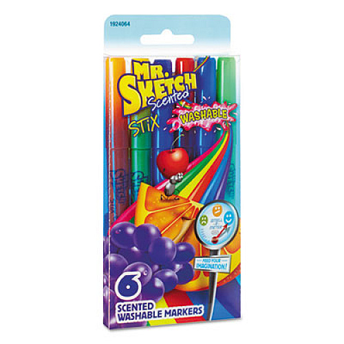 Mr. Sketch Washable Marker Stixs, Extra-Fine 0.8 mm Bullet Tip, Assorted Colors, 6/Set (1924064)