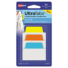 Avery Ultra Tabs Repositionable Standard Tabs, 1/5-Cut Tabs, Assorted Primary Colors, 2" Wide, 24/Pack (74772)