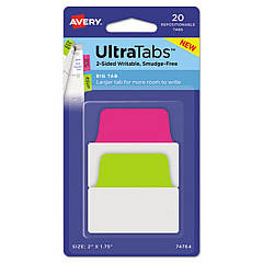 Avery Ultra Tabs Repositionable Big Tabs, 1/5-Cut Tabs, Assorted Neon, 2" Wide, 20/Pack (74764)