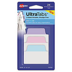 Avery Ultra Tabs Repositionable Standard Tabs, 1/5-Cut Tabs, Assorted Pastels, 2" Wide, 24/Pack (74755)