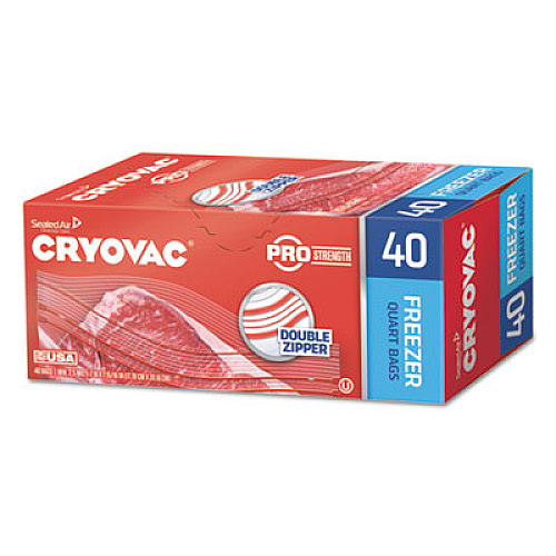 Diversey Cryovac One Quart Freezer Bag Dual Zipper, 1 qt, 2.5 mil, 7" x 7.94", Clear, 360/Carton (100946913)