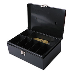 Universal Security Box with Locking Latch,  Cash, Coin Compartments, 11 x 7.75 x 4, Steel, Black (UNV69001)