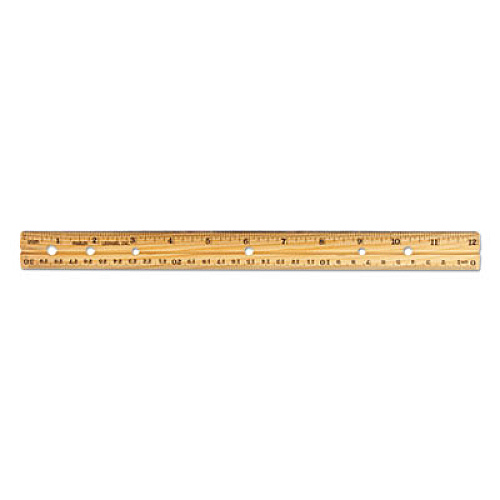 Charles Leonard Beveled Wood Ruler w/Single Metal Edge, 3-Hole Punched, Standard/Metric, 12" Long, Natural, 36/Box (77120)