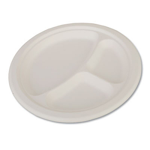 SCT ChampWare Heavyweight Bagasse Dinnerware, Plate, 3-Compartment, 10" dia, White, 500/Carton (18163)