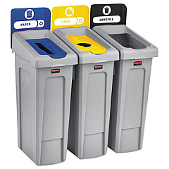Rubbermaid Commercial Slim Jim Recycling Station Kit, 69 gal, 3-Stream Landfill/Paper/Bottles/Cans (2007917)