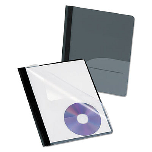 Oxford Clear Front Report Cover, CD Pocket, Three-Prong Fastener, 0.5" Capacity, 8.5 x 11, Clear/Onyx, 25/Box (57727)
