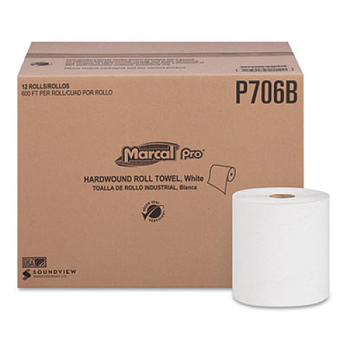 Marcal PRO Hardwound Roll Paper Towels, 1-Ply, 7.88" x 600 ft, White, 12 Rolls/Carton (P706B)