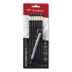 Tombow Mono Drawing Pencil Set with Eraser, 2 mm, Assorted Lead Hardness Ratings, Black Lead, Black Barrel, 6/Pack (61002)