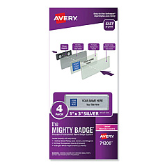 Avery The Mighty Badge Name Badge Holder Kit, Horizontal, 3 x 1, Laser, Silver, 4 Holders/32 Inserts (71200)