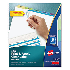 Avery Print and Apply Index Maker Clear Label Dividers, 5 Color Tabs, Letter, 5 Sets (11990)