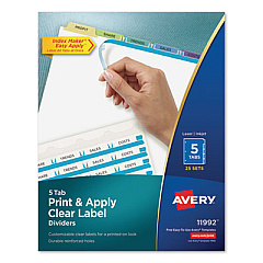 Avery Print and Apply Index Maker Clear Label Dividers, 5 Color Tabs, Letter, 25 Sets (11992)