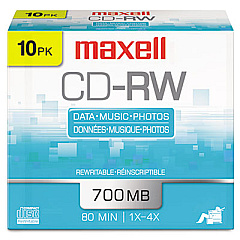 Maxell CD-RW Rewritable Disc, 700 MB/80 min, 4x, Jewel Case, Silver, 10/Pack (630011)