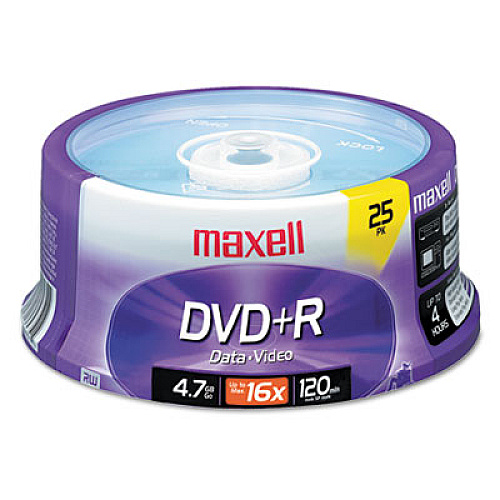 Maxell DVD+R High-Speed Recordable Disc, 4.7 GB, 16x, Spindle, Silver, 25/Pack (639011)