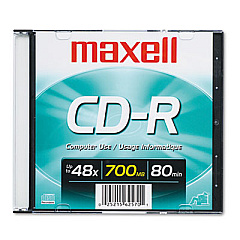 Maxell CD-R Recordable Disc, 700 MB/80 min, 48x, Slim Jewel Case, Silver (648201)