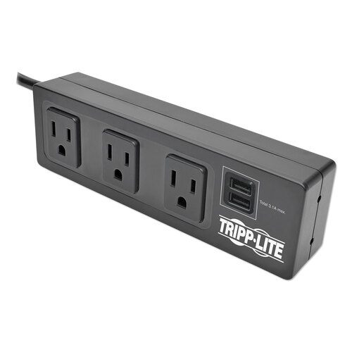 Tripp Lite Protect It! 3-Outlet Surge Protector with Mounting Brackets, 10 ft Cord, 510 Joules, Black (TLP310USBS)