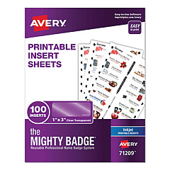 Avery The Mighty Badge Name Badge Inserts, 1 x 3, Clear, Inkjet, 20/Sheet, 5 Sheets/Pack (71209)
