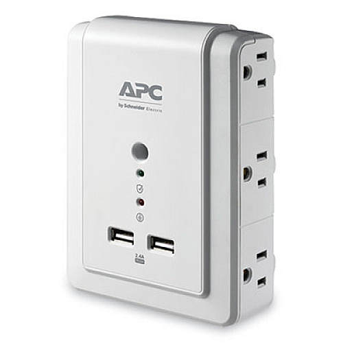 APC SurgeArrest Wall-Mount Surge Protector, 6 AC Outlets/2 USB Ports, 1,020 J, White (P6WU2)