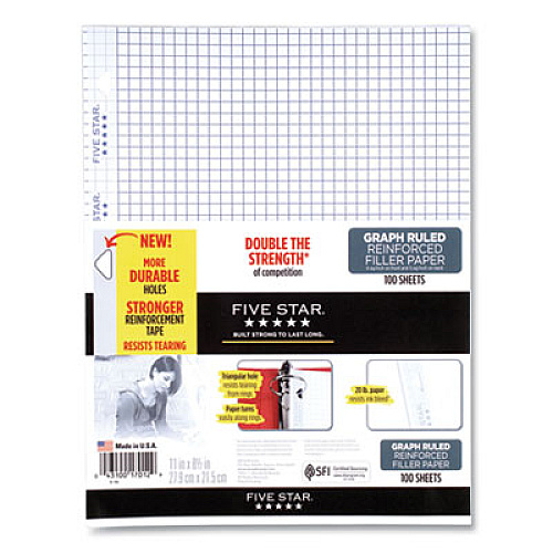 Five Star Reinforced Filler Paper, 3-Hole, 8.5 x 11, Graph Ruled, 100/Pack (17016)