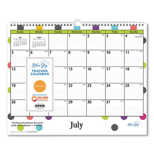 Blue Sky Academic Wall Calendar, Teacher Dots Artwork/Formatting, 15 x 12, White/Multicolor Sheets, 12-Month (July-June): 2021-2022 (100340)