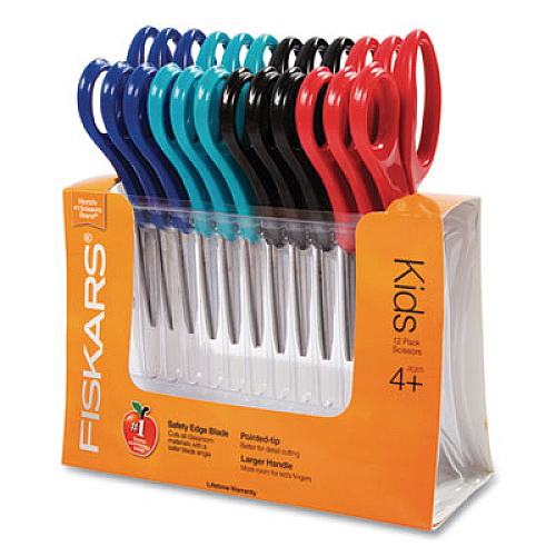 Fiskars Kids/Student Scissors, Pointed Tip, 5" Long, 1.75" Cut Length, Assorted Straight Handles, 12/Pack (95037197J)